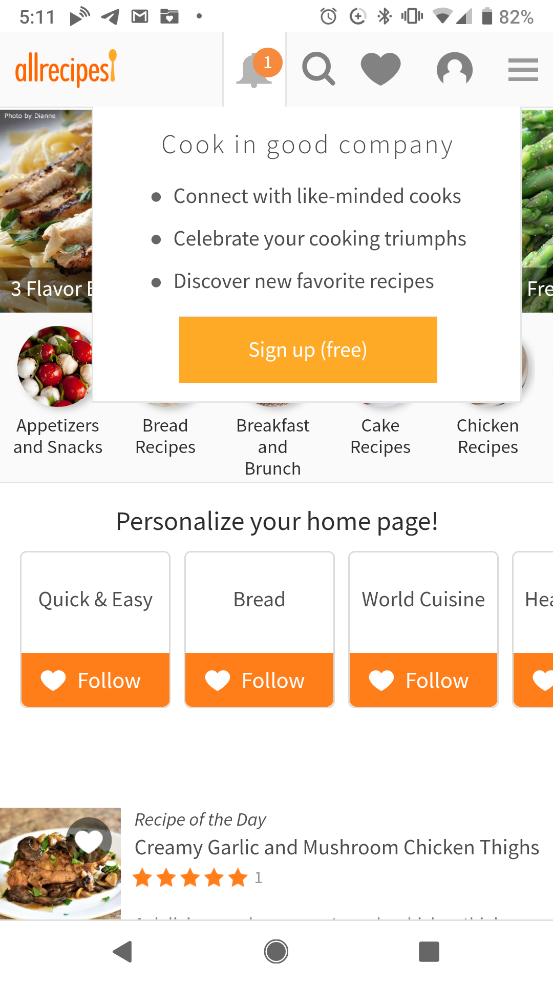 Mobile: Image of the allrecipes pop up window