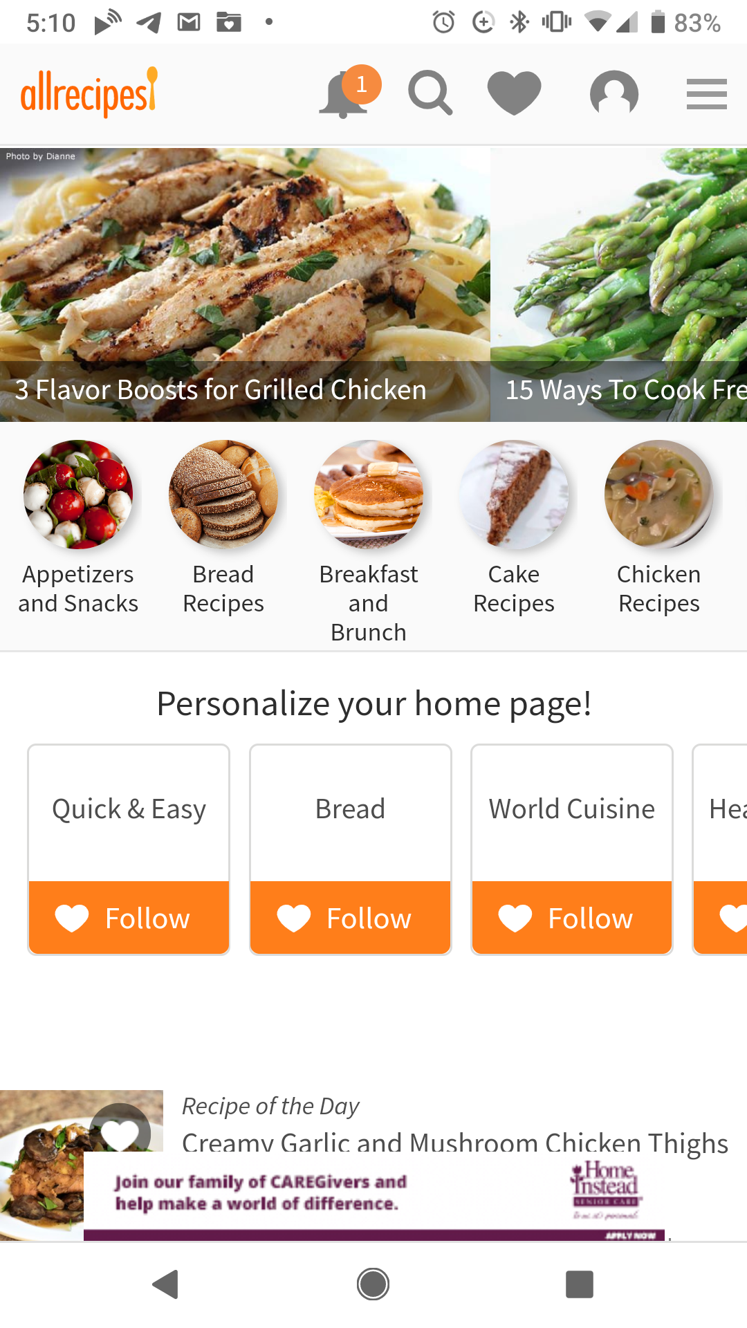 Mobile: Image of the allrecipes Homepage