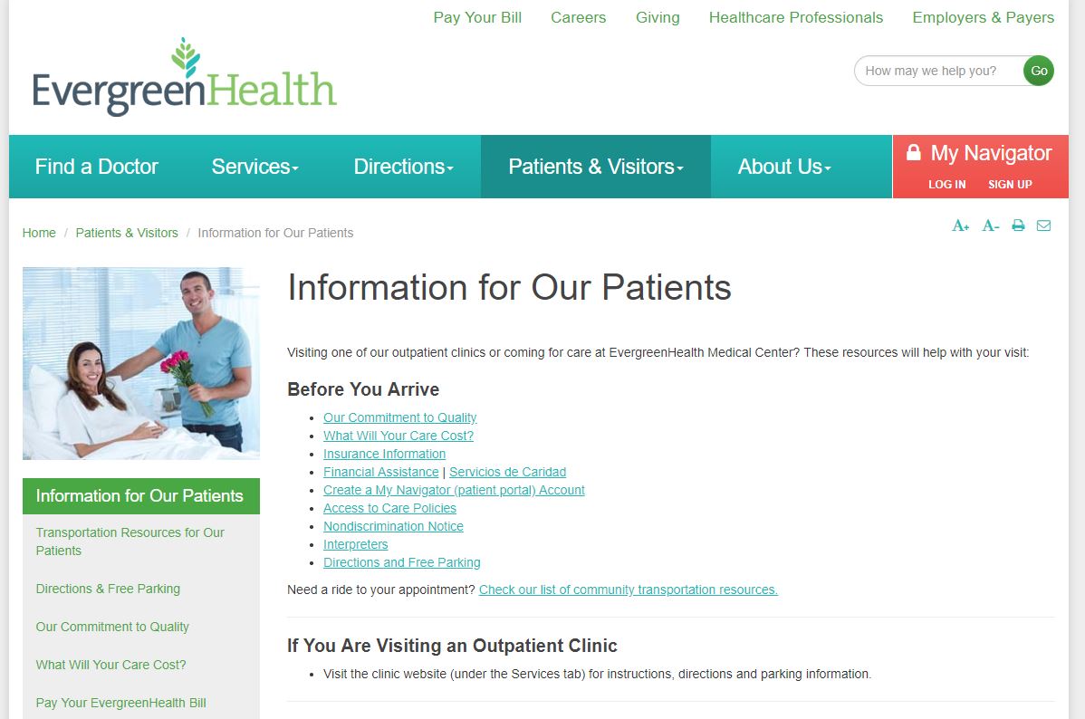 Example of neatly-ordered EvergreenHealth Webpage