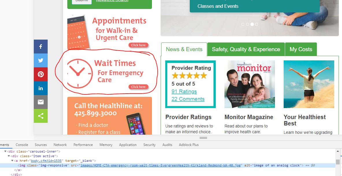 Screenshot of EvergreenHealth Mainpage with Dev Consol, the tags have incorrectly labeled the photos as 'Image of a Clock' when it really is an image that says 'wait times for emergency care'