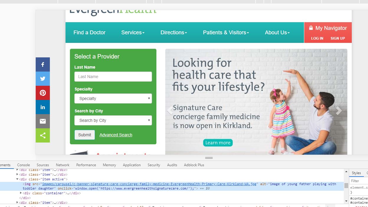 Screenshot of EvergreenHealth Mainpage with Dev Consol, the tags have correctly labeled the photos as 'man plays with daughter'