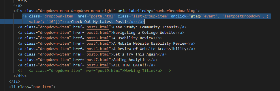 image of my userScienceJournal homepage code, there is a gtag labeled check out my latest post on the drop-down menu