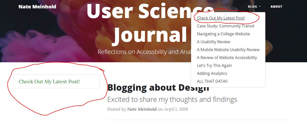 image of my userScienceJournal homepage, there is a green link labeled check out my latest post and a dropdown menu labeled latest post