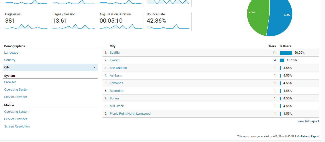 Screenshot of Google Analytics page. charts indicate that my website has been viewed by people mostly in the seattle area but some in texas and virginia