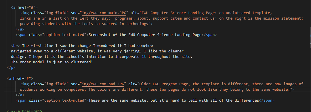 Screenshot of the coded alt tag updates, they read: 'EWU Computer Science Landing Page: an uncluttered template, 
              links are in a list on the left they say: programs, about, support cstem and contact us on the right is the mission statement:
              providing students with the tools to succeed in technology'