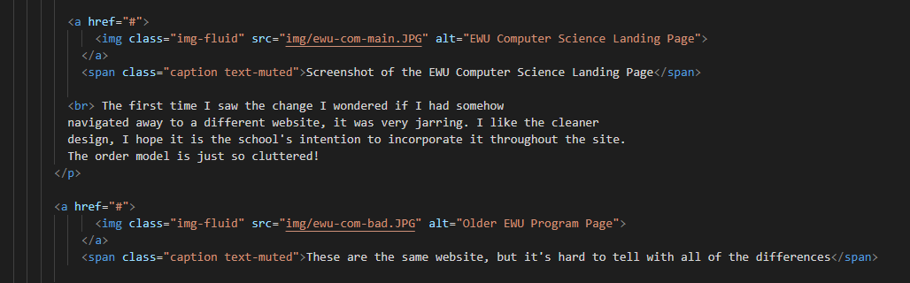 Screenshot of the coded alt tags for a previous post, the tag is brief, it just says 'Computer Science Homepage'