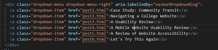 Image of the edited code for the drop-down menu for my user science journal. The posts have been labeled as the name of the article they go to.