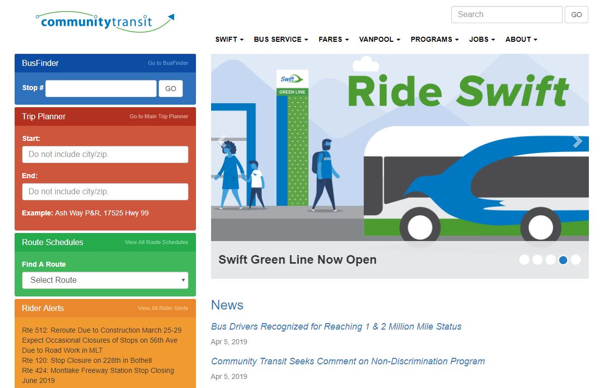 Image of the Community Transit Homepage